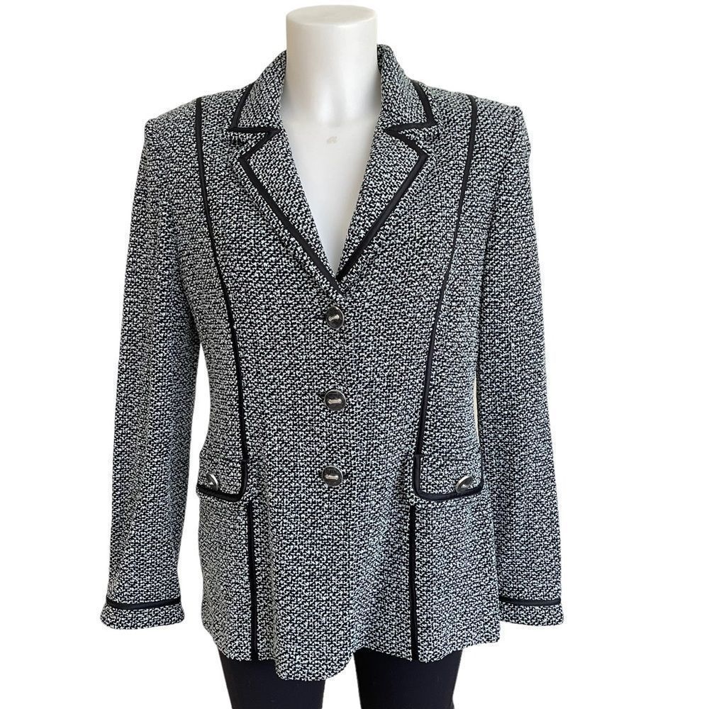 ST JOHN Green Black Tweed Mid Length Knit Blazer Coat Notched Collar size small